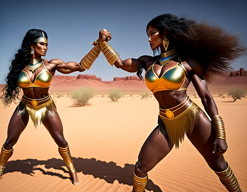 Stylized Egyptian female warriors arm-wrestling in desert