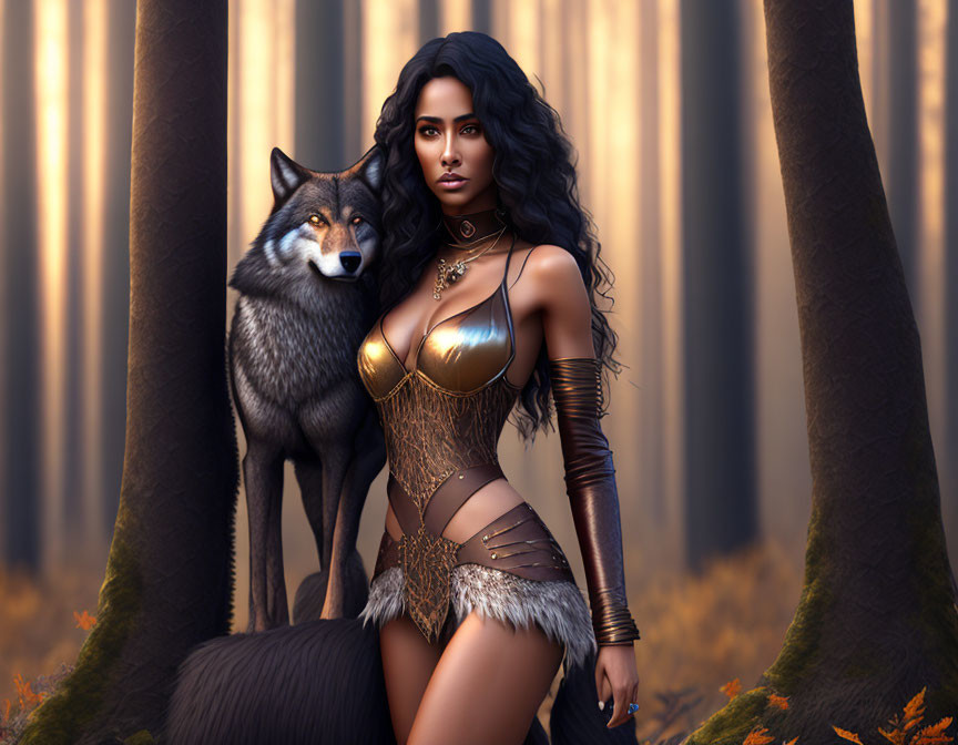 Digital Artwork: Dark-Haired Woman in Fantasy Warrior Attire with Wolf in Autumnal Forest