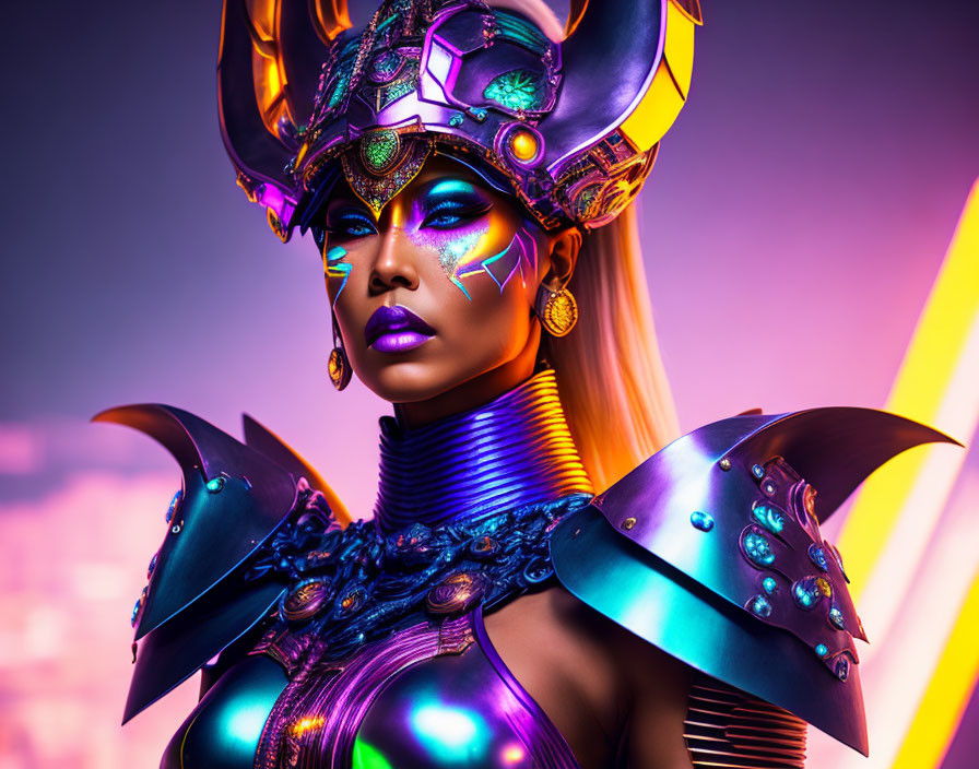 Futuristic woman in ornate metallic and purple armor on neon-lit background