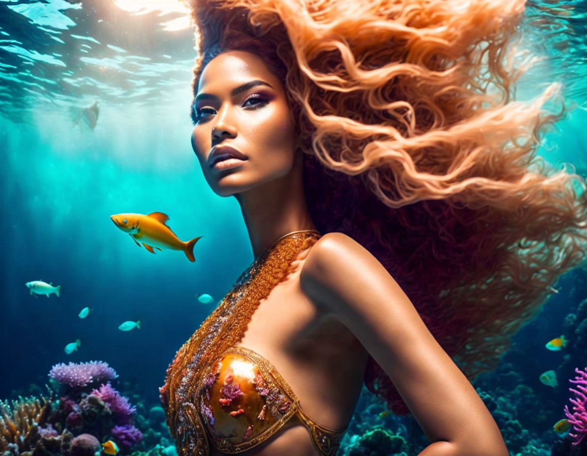 Woman with flowing hair in gold outfit among coral and fish underwater