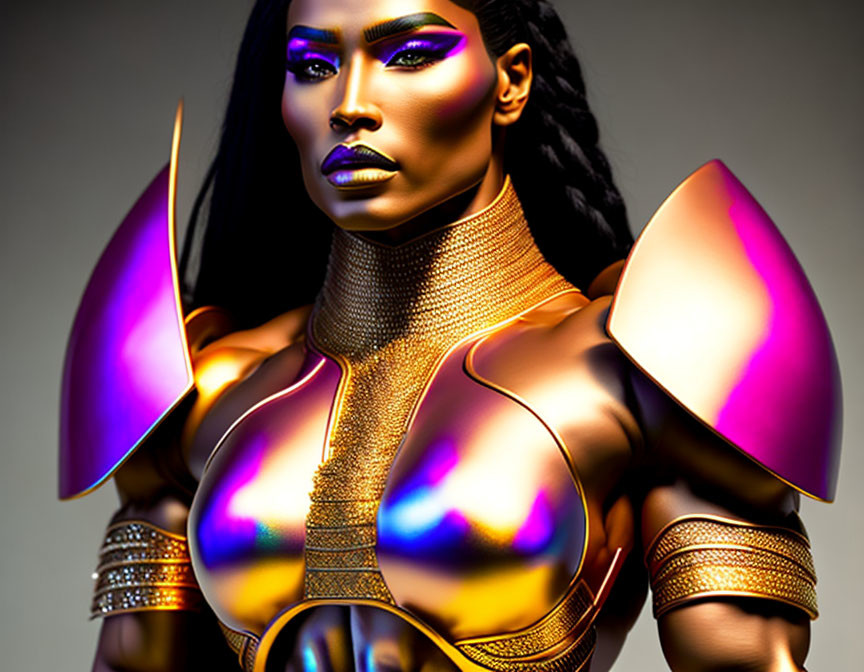 Digital Artwork: Woman in Futuristic Armor with Metallic Gold and Purple Tones