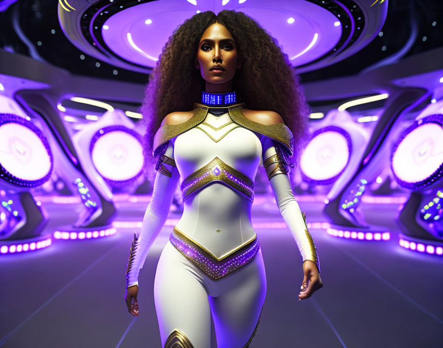 Futuristic woman in white and gold bodysuit in illuminated spaceship interior