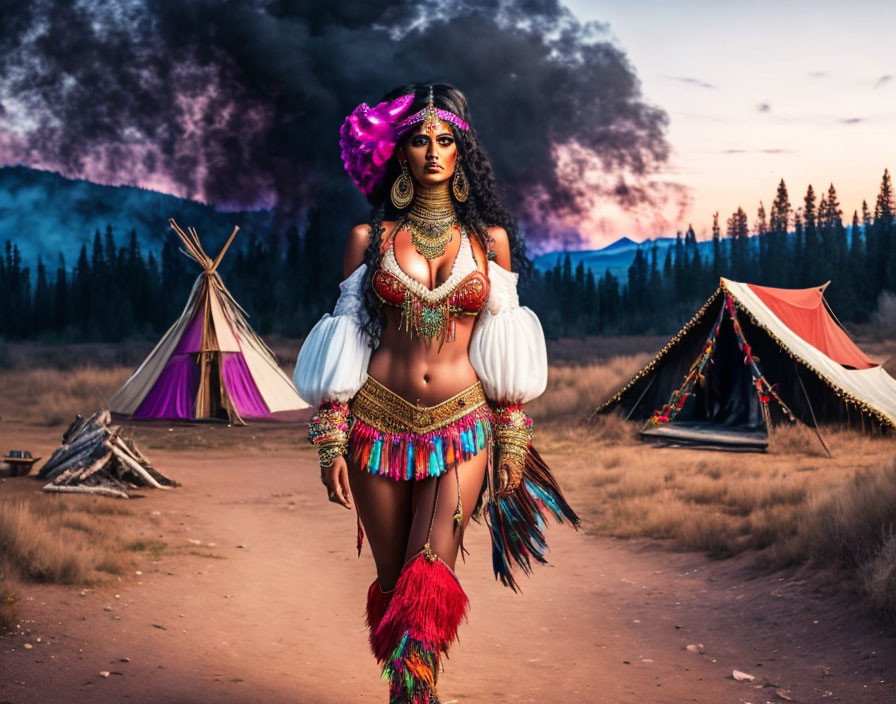 Woman in Feathered Headdress Amid Tepees at Twilight