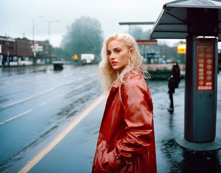 Woman in red coat at rainy bus stop on wet street.