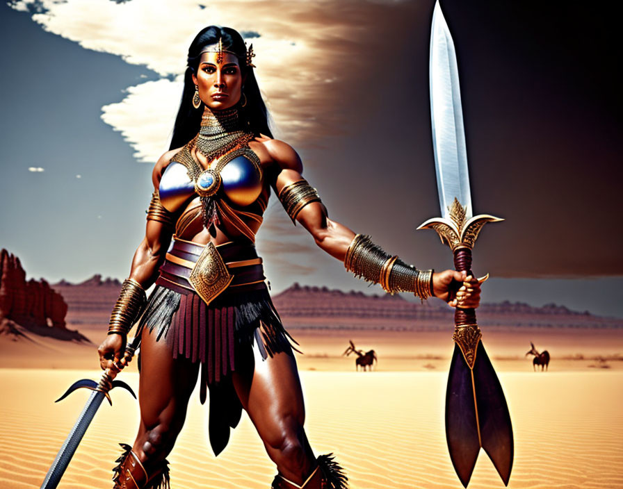 Warrior woman in ornate armor with large sword in desert with camels.