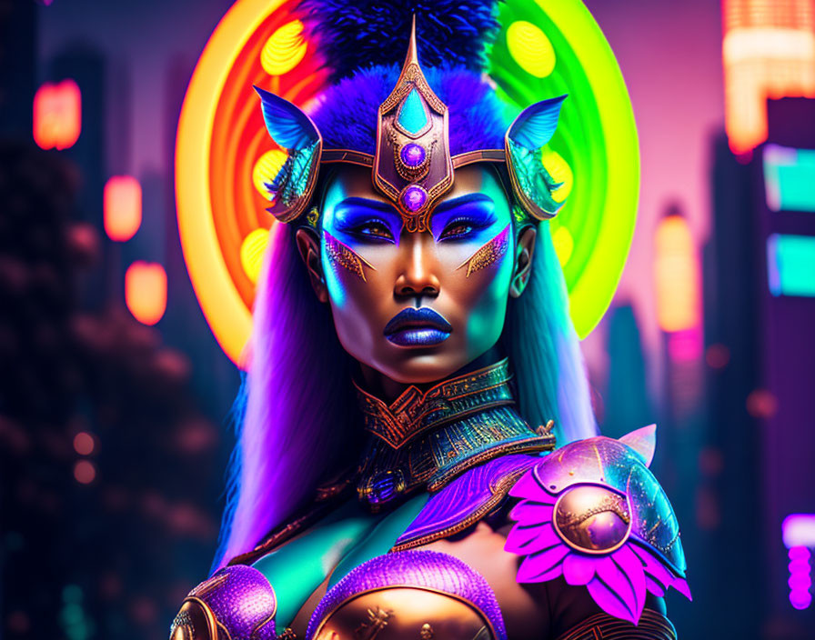 Colorful portrait of woman in fantasy makeup and elaborate armor against neon cityscape.