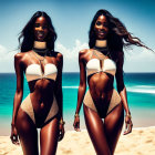 Twin models in neon green swimsuits on beach with ocean backdrop