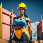 Confident female construction worker at site with hard hat and tool belt