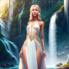 Ethereal blonde woman in fantasy gown by mystical waterfall