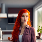 Woman with Bright Red Hair at Kitchen Table with Orange Juice and Bottle