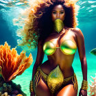 Woman in Golden Swimwear and Mask Among Vibrant Underwater Marine Life