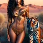 Digital Artwork: Woman in Red & Gold Bikini with Tigers in Desert Sunset