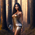 Digital Artwork: Dark-Haired Woman in Fantasy Warrior Attire with Wolf in Autumnal Forest