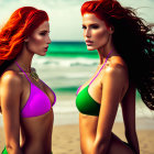 Two women with red hair in bikinis on sandy beach with turquoise ocean.