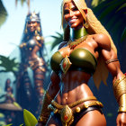 Golden-armored female warrior in jungle with two figures - 3D render