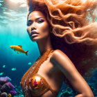 Woman with flowing hair in gold outfit among coral and fish underwater