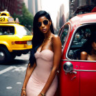 Woman in white dress and sunglasses next to red car on city street with yellow taxi.