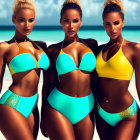 Three women in colorful bikinis on beach with clear blue water.