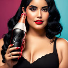 Dark-haired woman with striking makeup holding Coca-Cola bottle on teal and pink background