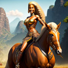 Digital 3D illustration of smiling female warrior on horse in mountain landscape