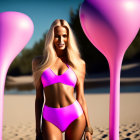 Blonde female figure in pink bikini among oversized pink balloons on beach