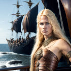 Blonde warrior woman in golden armor by sailing ship