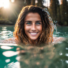 Smiling woman with wet hair in sparkling pool at golden hour