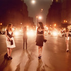 Four Women in Fashionable Attire Walking at Night With Blurred Car Lights