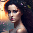 Digital portrait of woman with long hair, striking makeup, and decorative headpiece in glowing forest landscape