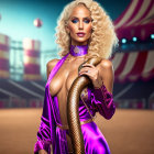 Glamorous woman in purple and gold circus costume with choker poses confidently