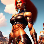 Three red-haired female warriors in fantasy armor under a blue sky