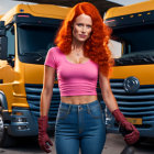 Vibrant red-haired woman posing with colorful trucks at sunset