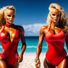 Woman in red bikini and one-piece swimsuit on beach with blue skies and ocean.