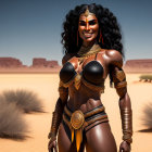 Dark-skinned muscular woman in golden warrior attire in desert landscape