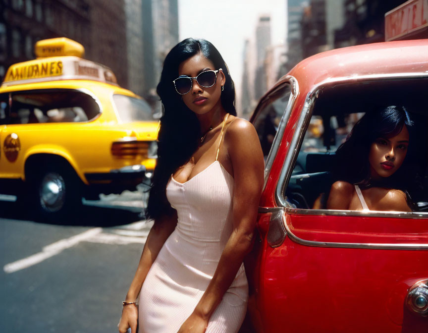 Woman in white dress and sunglasses next to red car on city street with yellow taxi.