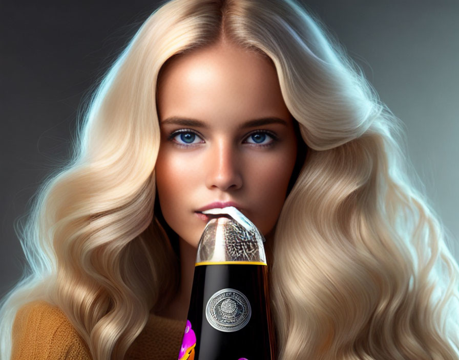 Blonde woman with wavy hair and blue eyes using a hairdryer in brown top