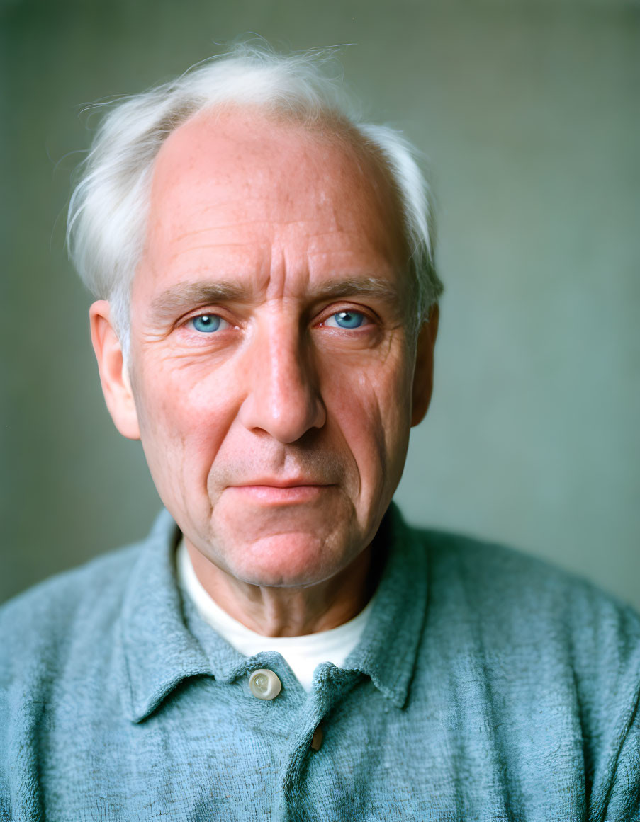 Elderly man with white hair and blue eyes in green shirt gazes at camera