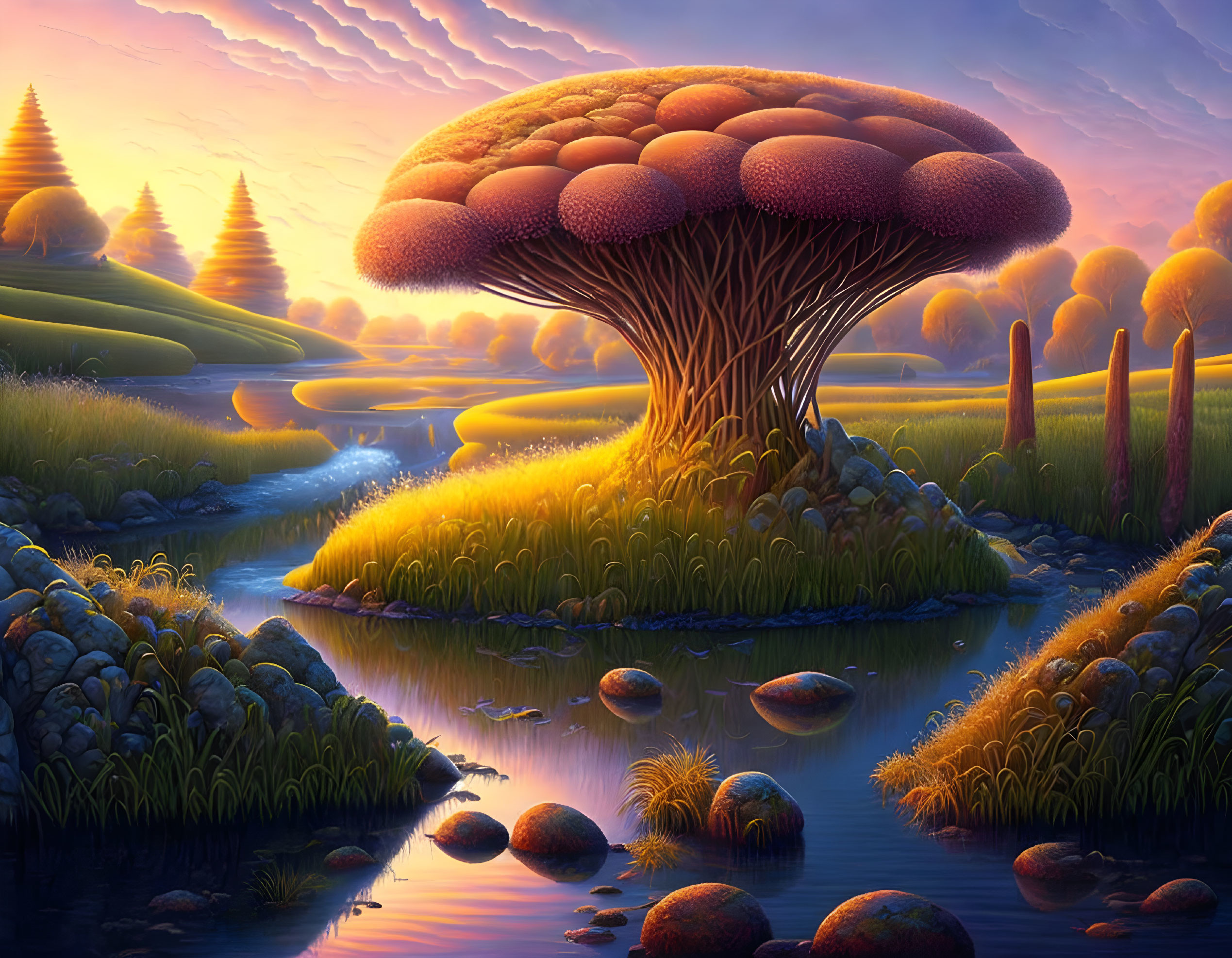 Fantastical landscape with giant mushroom tree, golden grass, meandering river, stone-lined banks at