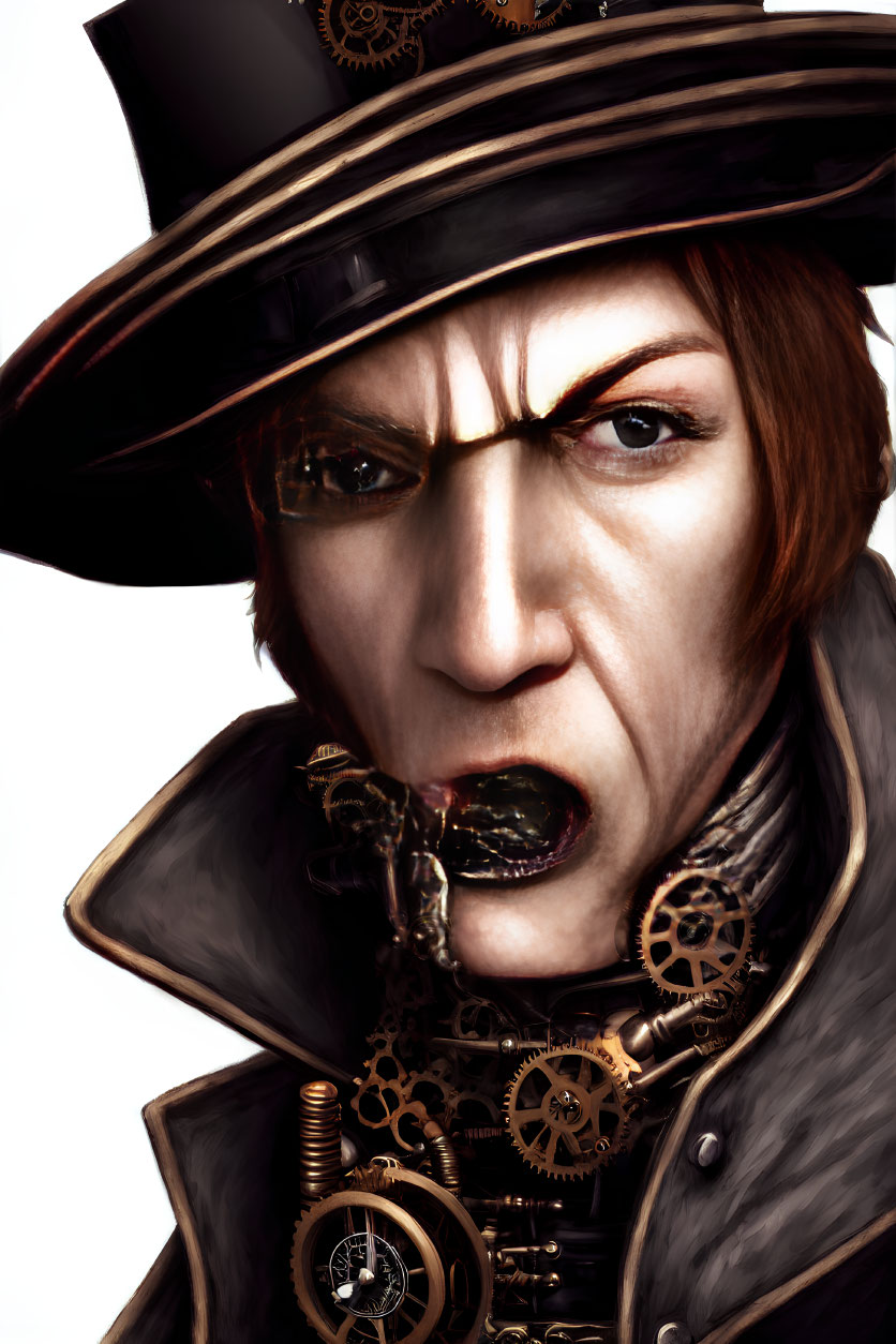 Steampunk-themed artwork: Person with mechanical mouth, top hat, and dark coat