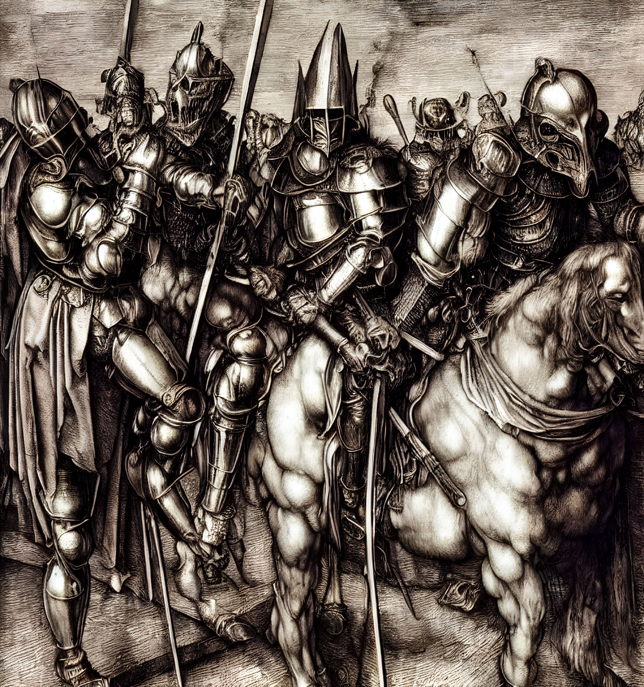 Detailed black and white illustration of armored knights on horseback and foot with lances and swords.