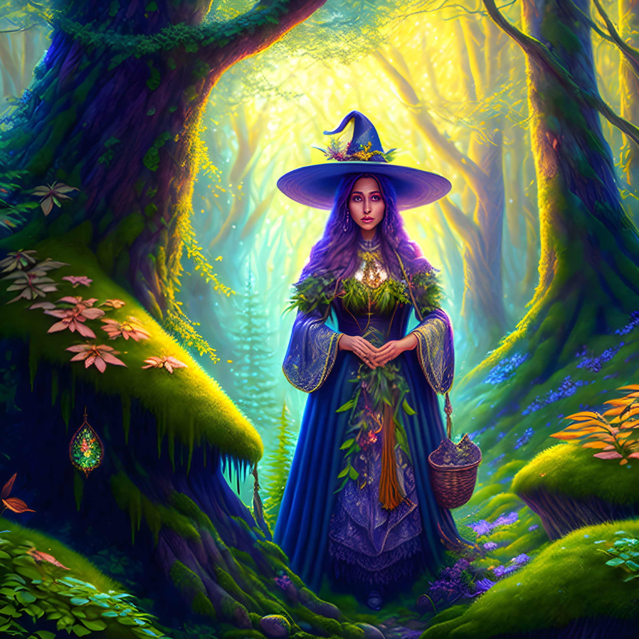 Mystical witch in enchanting forest with wand and basket