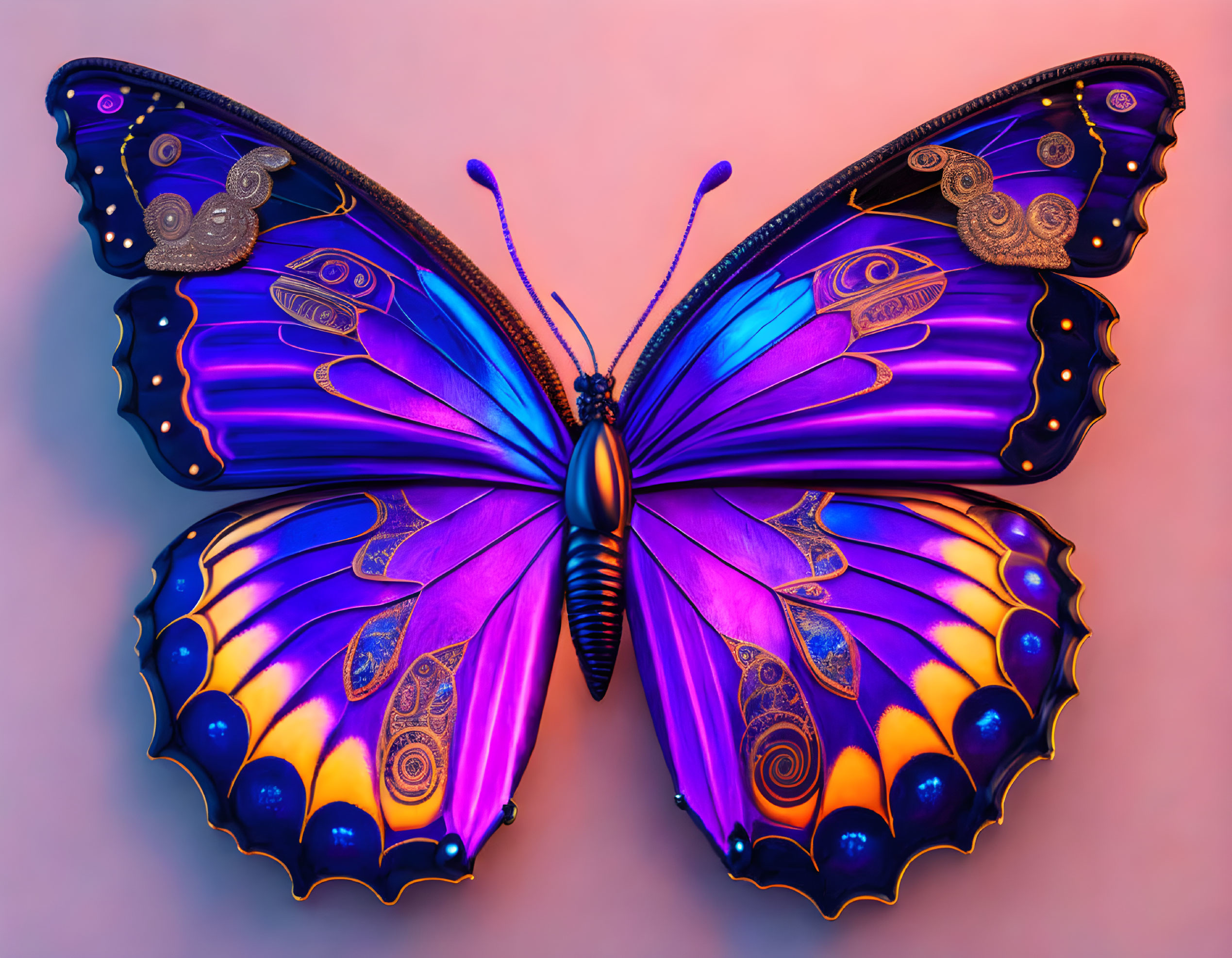 Colorful Butterfly Digital Illustration with Vibrant Purple, Blue, and Orange Wings on Pink Background