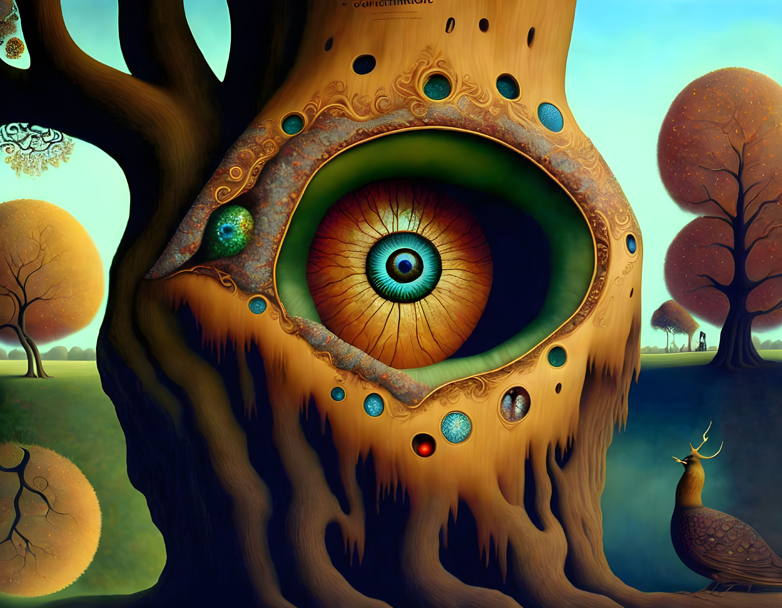 Surreal image of tree with giant eye in trunk and colorful orbs