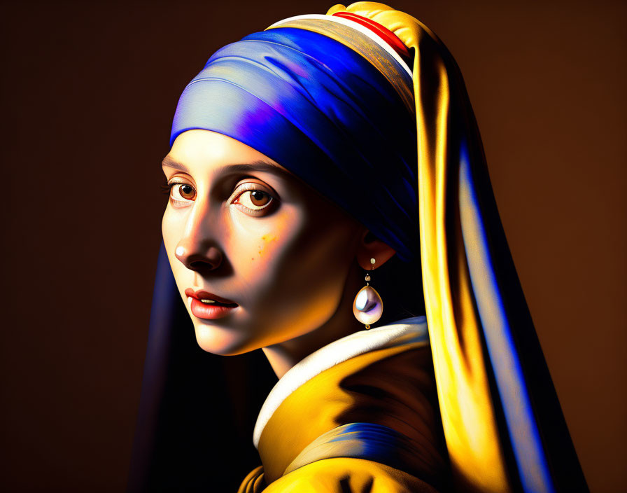 Digital Art: Young Woman with Pearl Earring & Headscarf