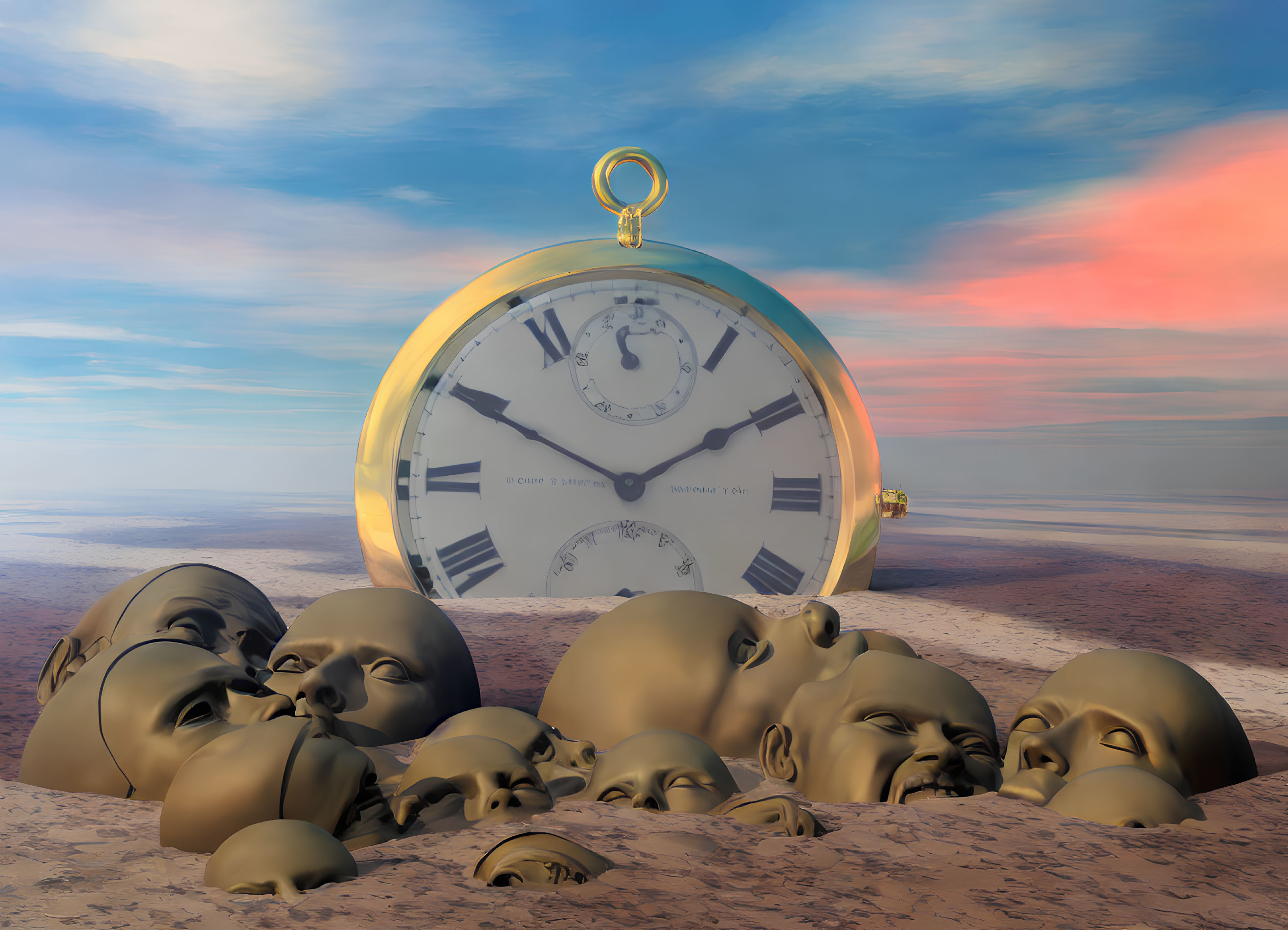 Surreal desert landscape with giant pocket watch and buried human faces