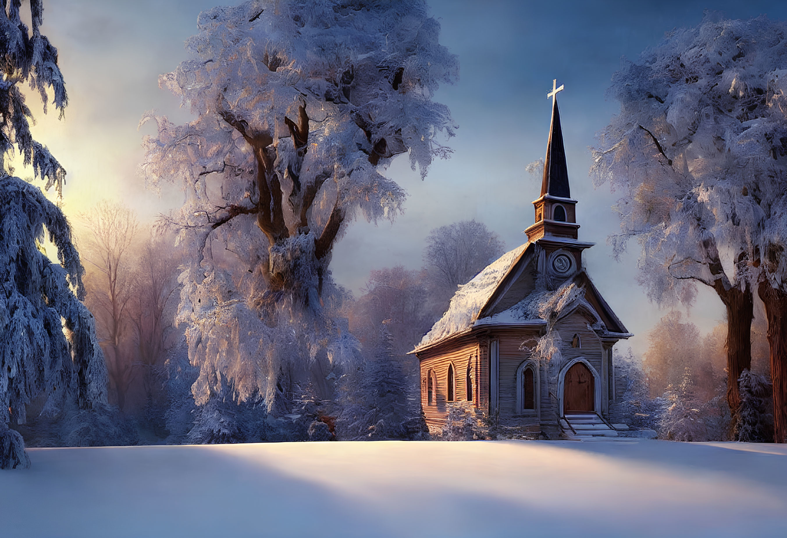 Snow-covered trees surround quaint wooden church under sunrise glow