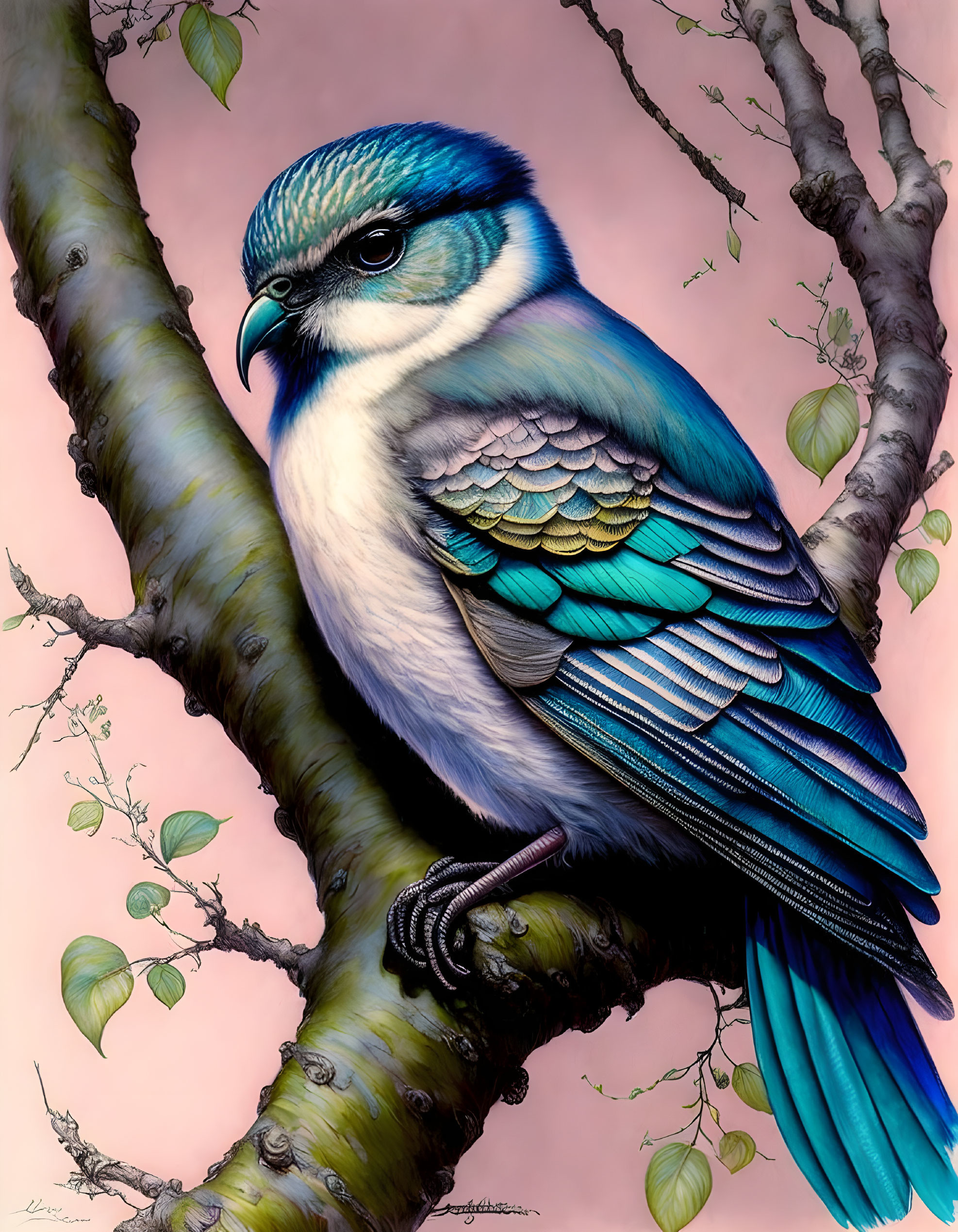 Colorful Bird Illustration Perched on Tree Branch in Vibrant Setting