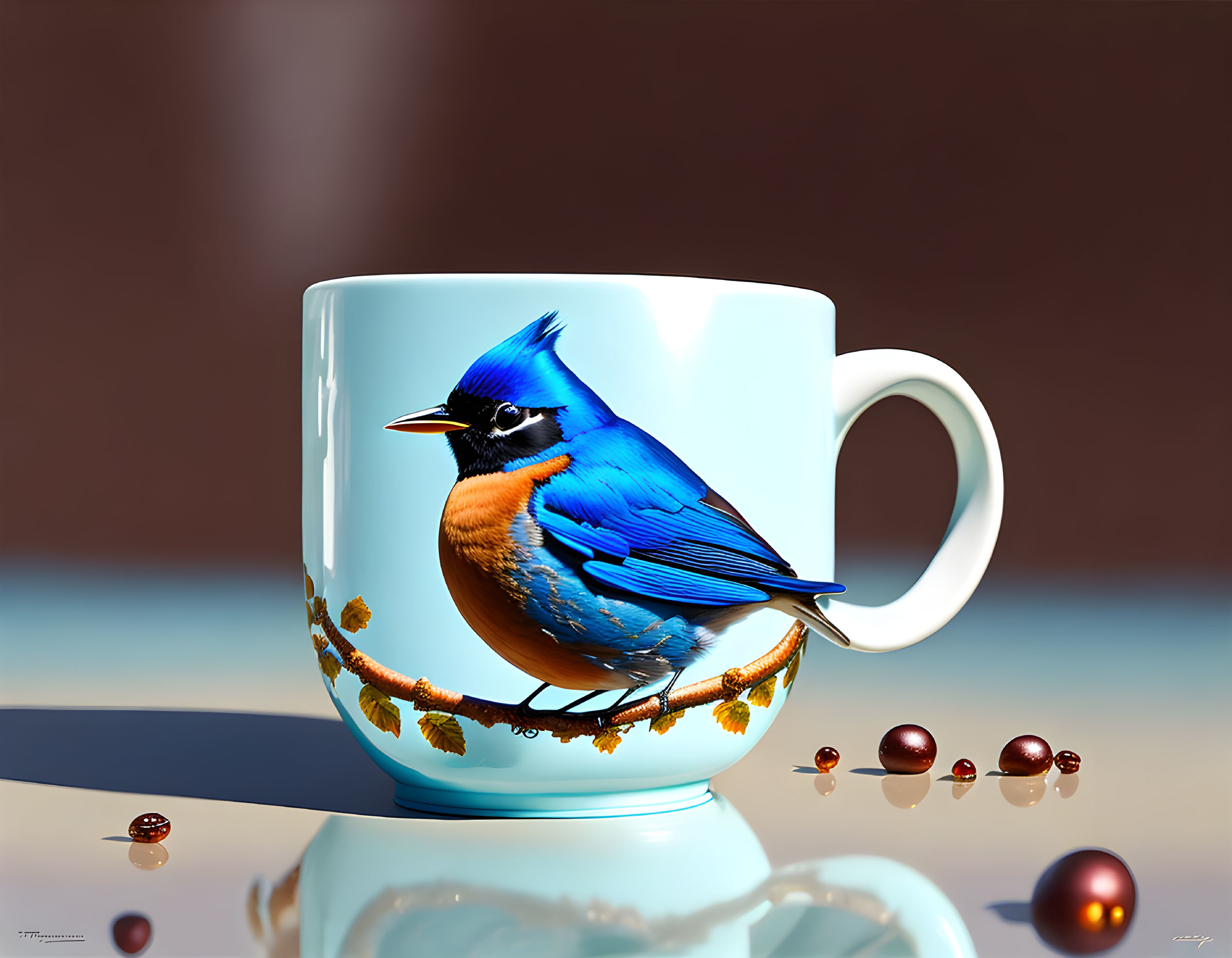 Colorful Bird Illustration on Blue Mug with Marbles Reflection