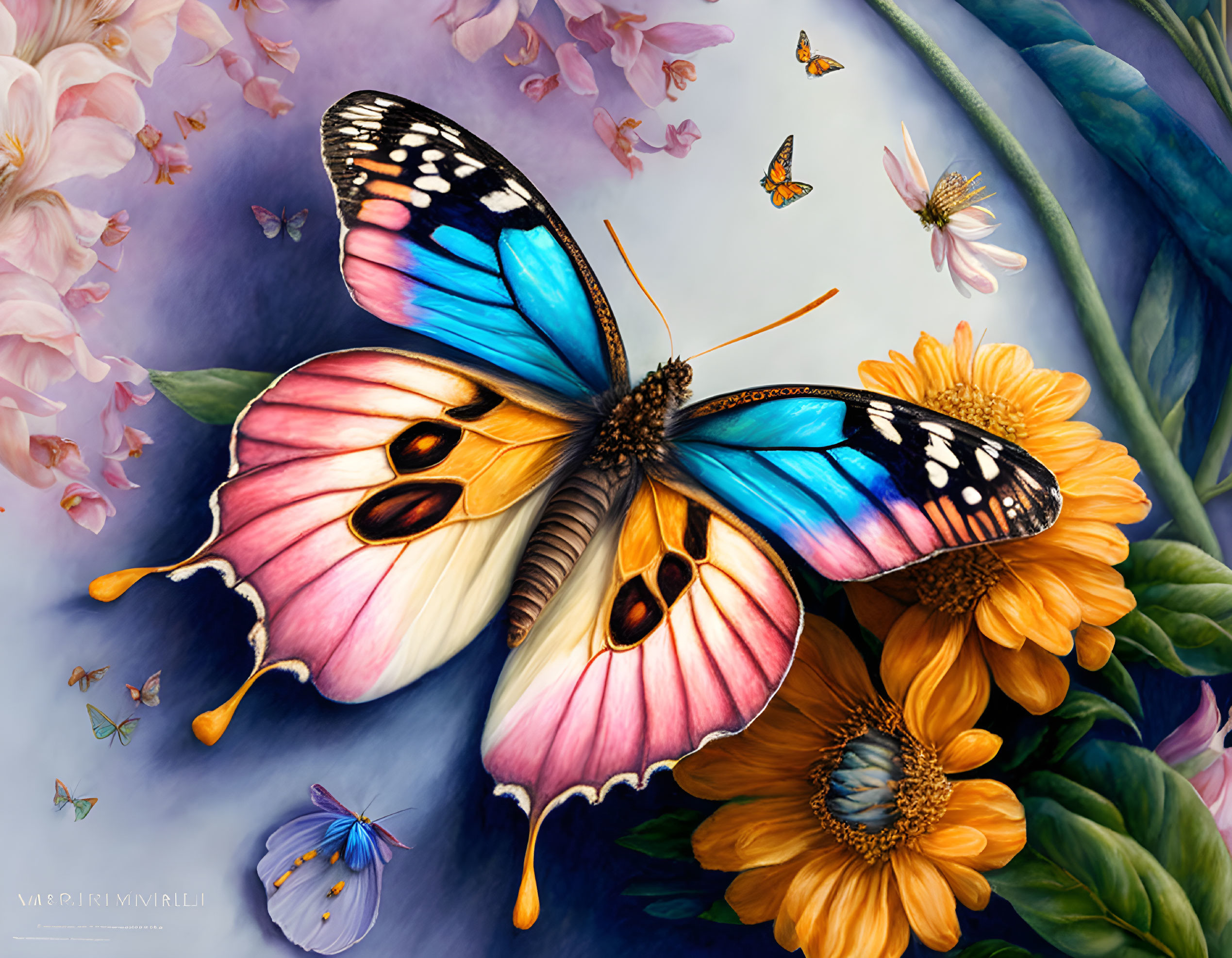 Colorful Butterfly with Outstretched Wings on Flowers and Smaller Butterflies on Soft Purple Background