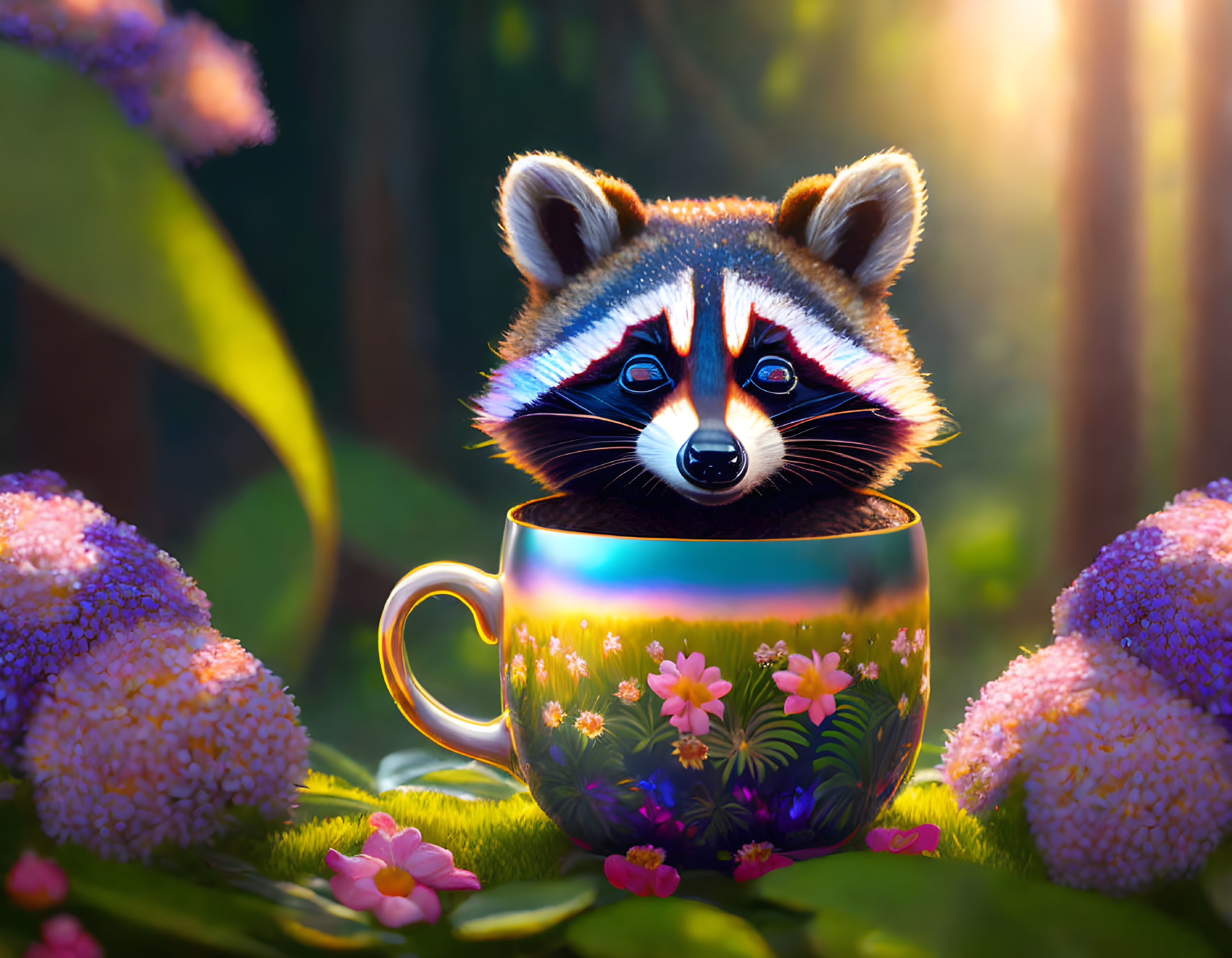 Illustration of raccoon in floral mug with foliage and flowers